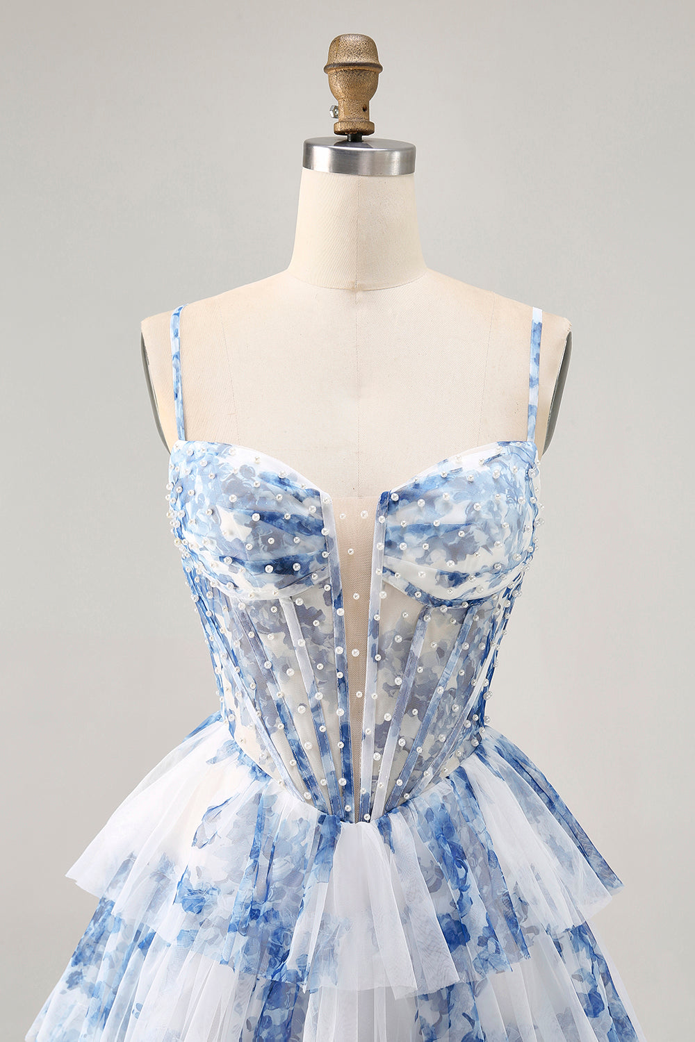 Sparkly White and Blue Floral Ruffled Short Corset Homecoming Dress with Pearls