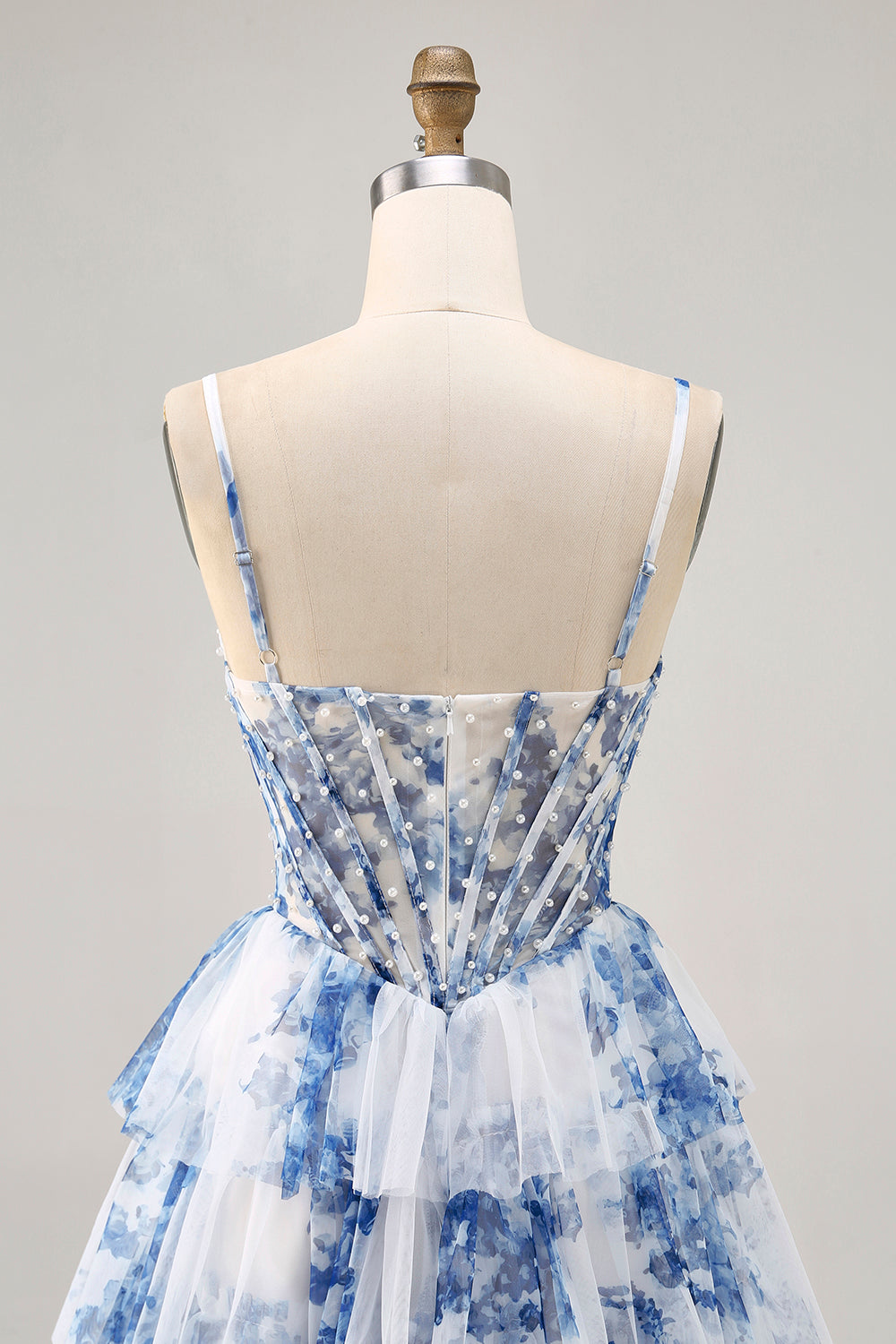 Sparkly White and Blue Floral Ruffled Short Corset Homecoming Dress with Pearls