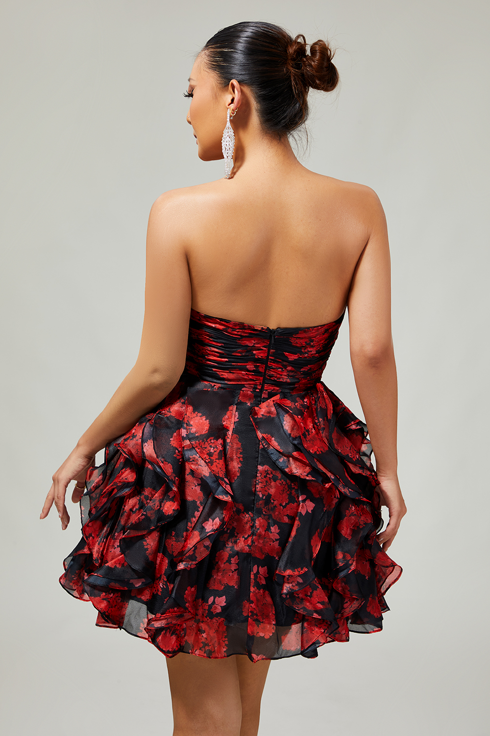Black and Red Sweetheart Floral Ruffled Cut Out Short Homecoming Dress