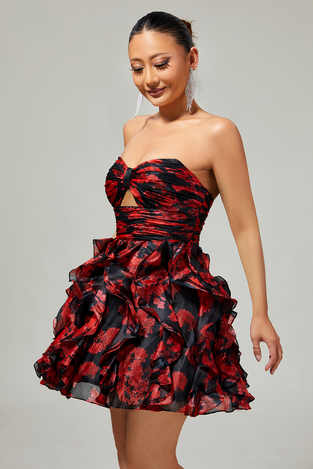 Black and Red Sweetheart Floral Ruffled Cut Out Short Homecoming Dress