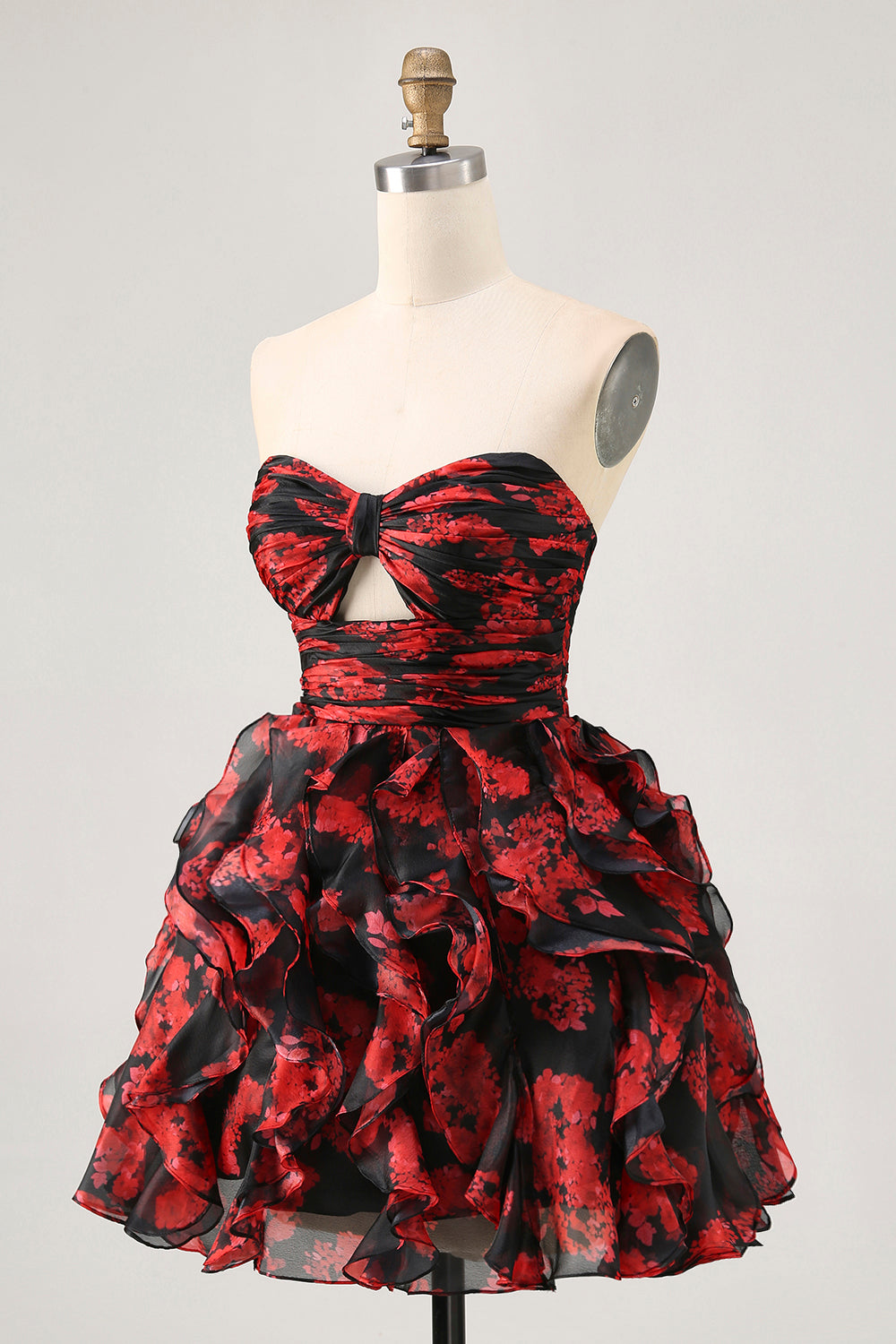 Black and Red Sweetheart Floral Ruffled Cut Out Short Homecoming Dress