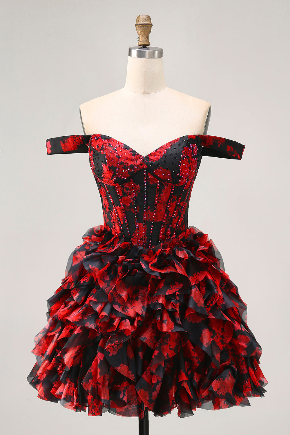 Sparkly Ruffled Black and Red Floral Short Corset Homecoming Dress with Beading