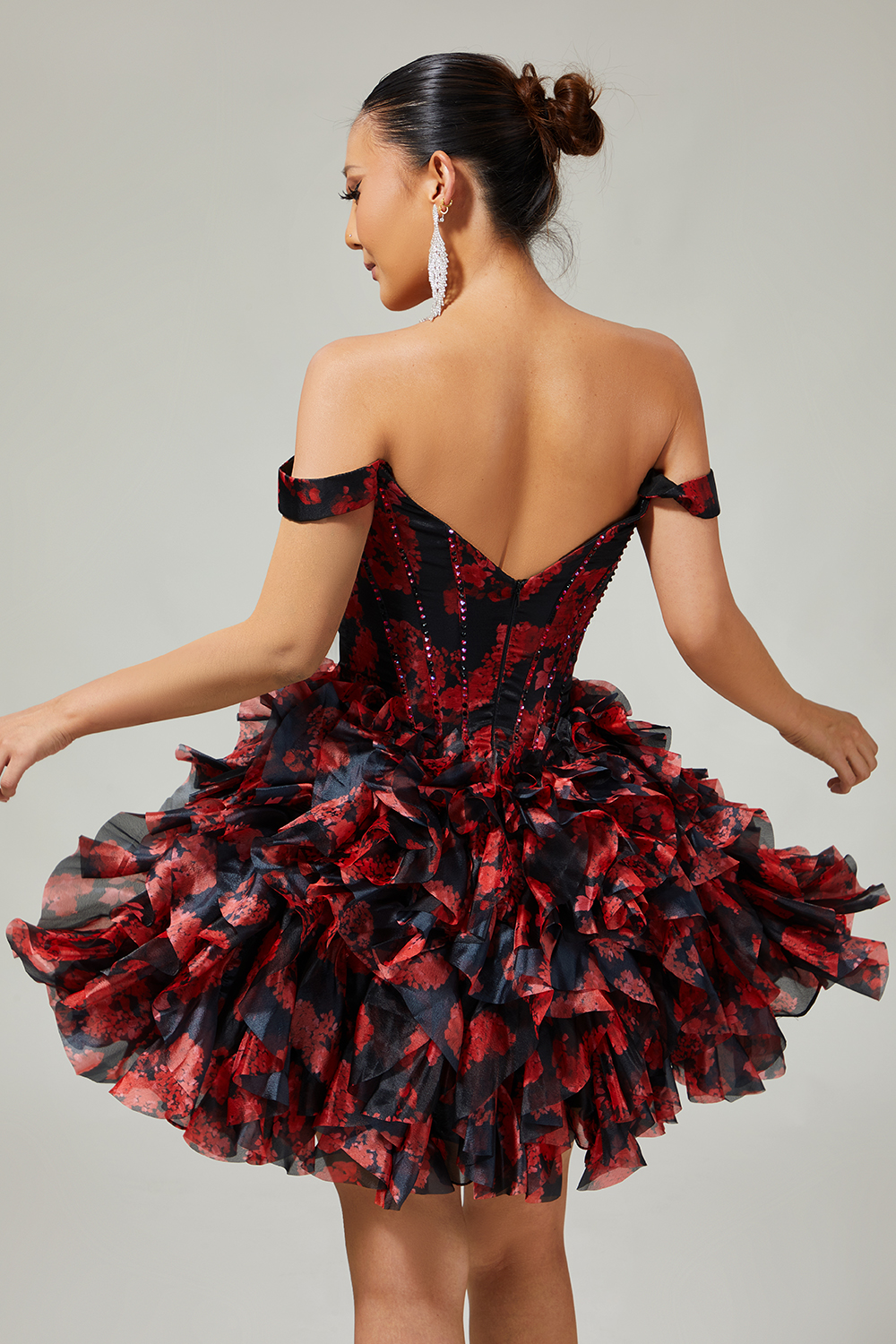 Sparkly Ruffled Black and Red Floral Short Corset Homecoming Dress with Beading