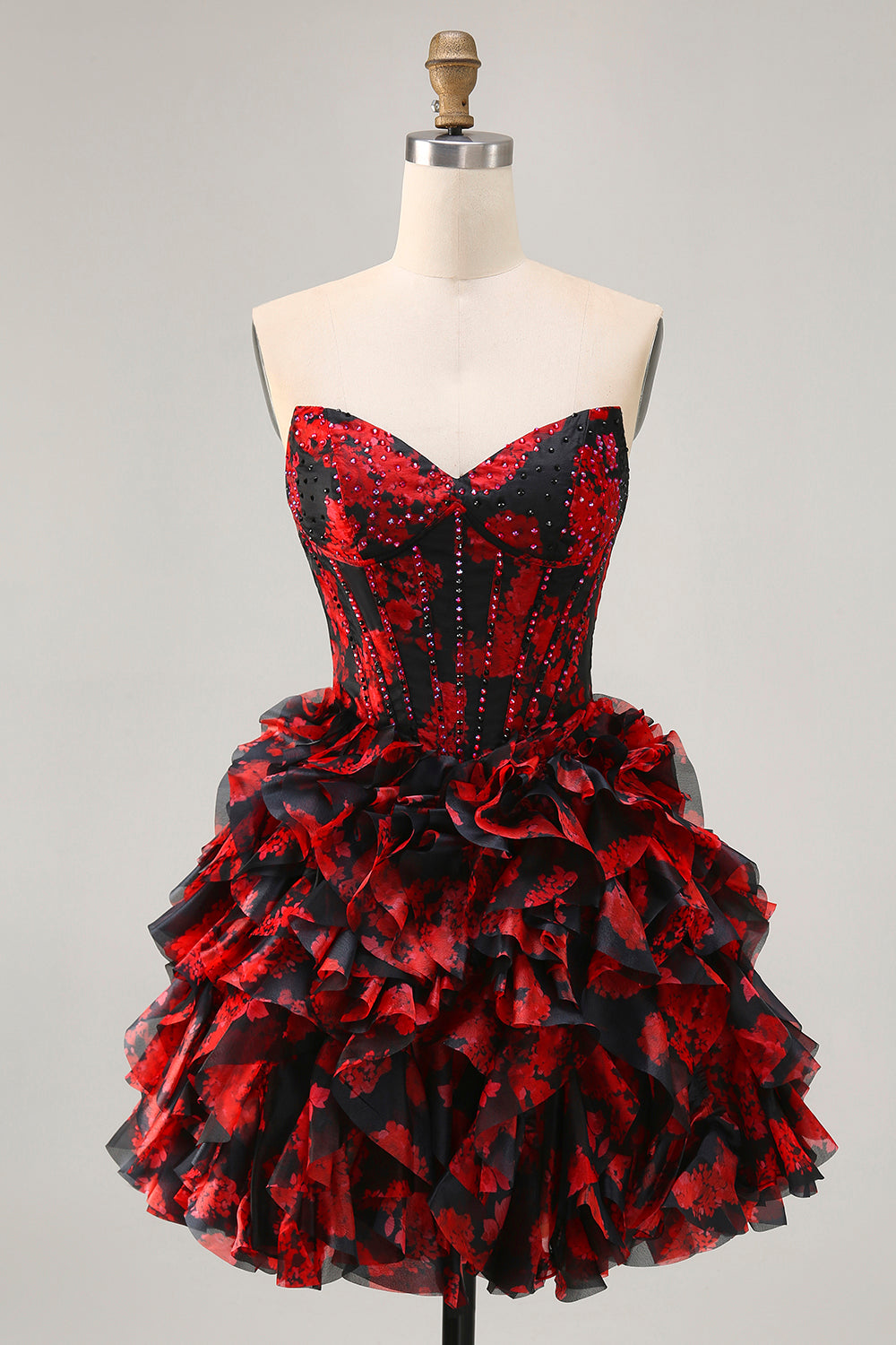 Sparkly Ruffled Black and Red Floral Short Corset Homecoming Dress with Beading