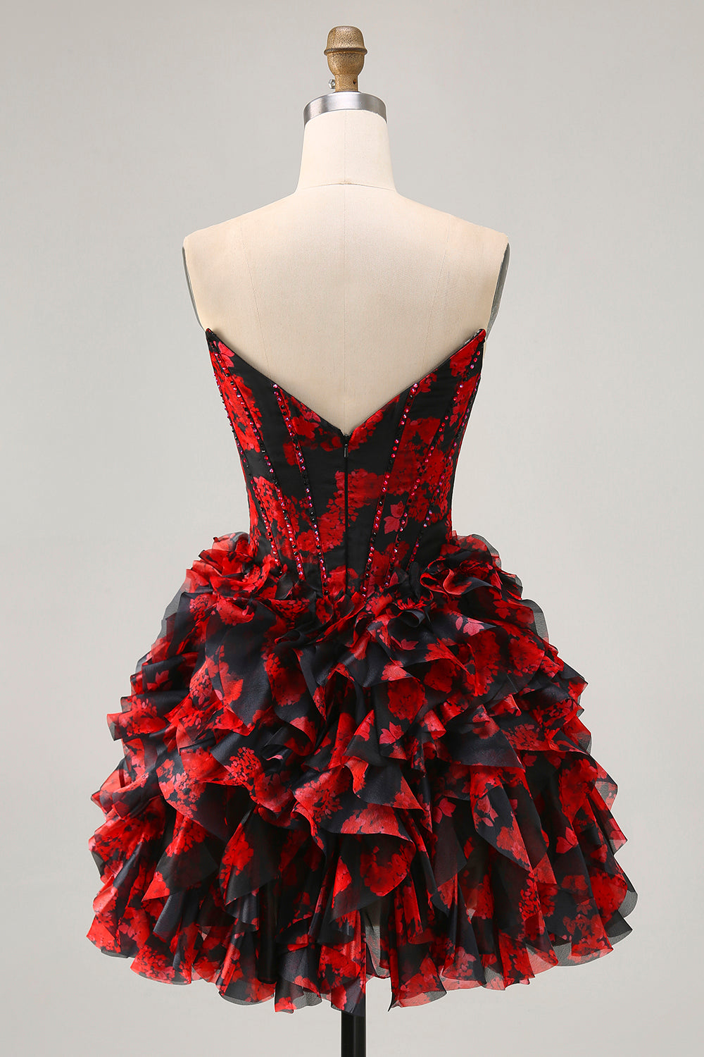 Sparkly Ruffled Black and Red Floral Short Corset Homecoming Dress with Beading