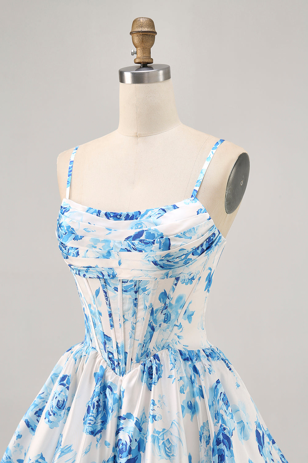 White and Blue Satin Ruched Floral Short Corset Homecoming Dress
