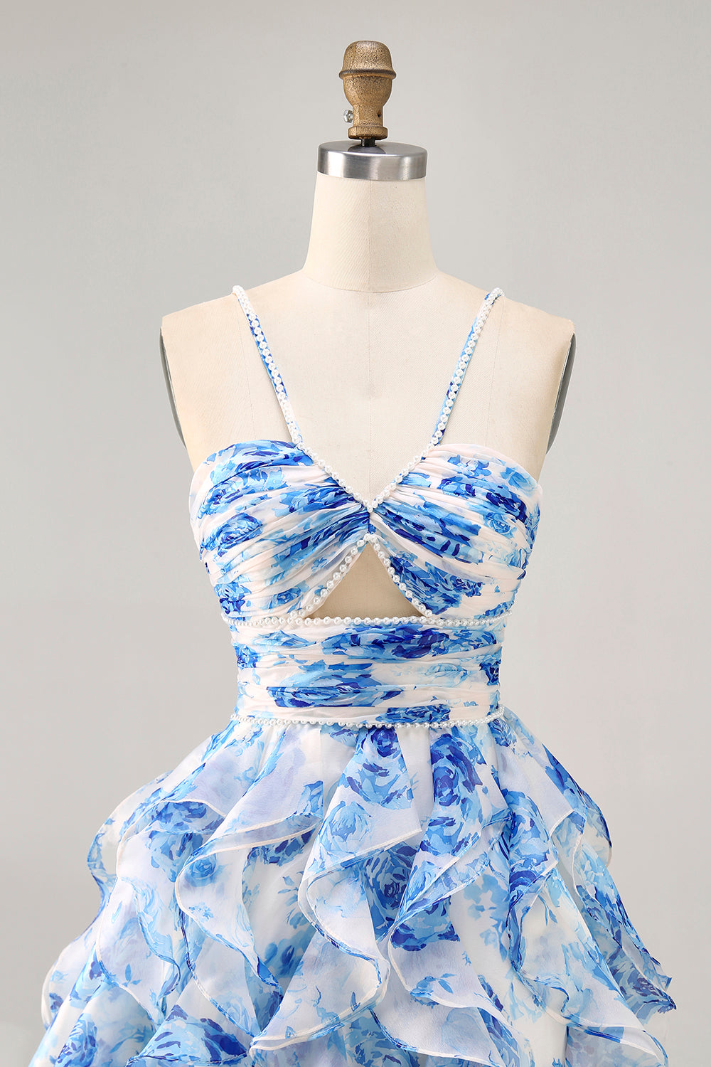 Sparkly White and Blue Floral Ruffled Ruched Short Homecoming Dress with Pearls