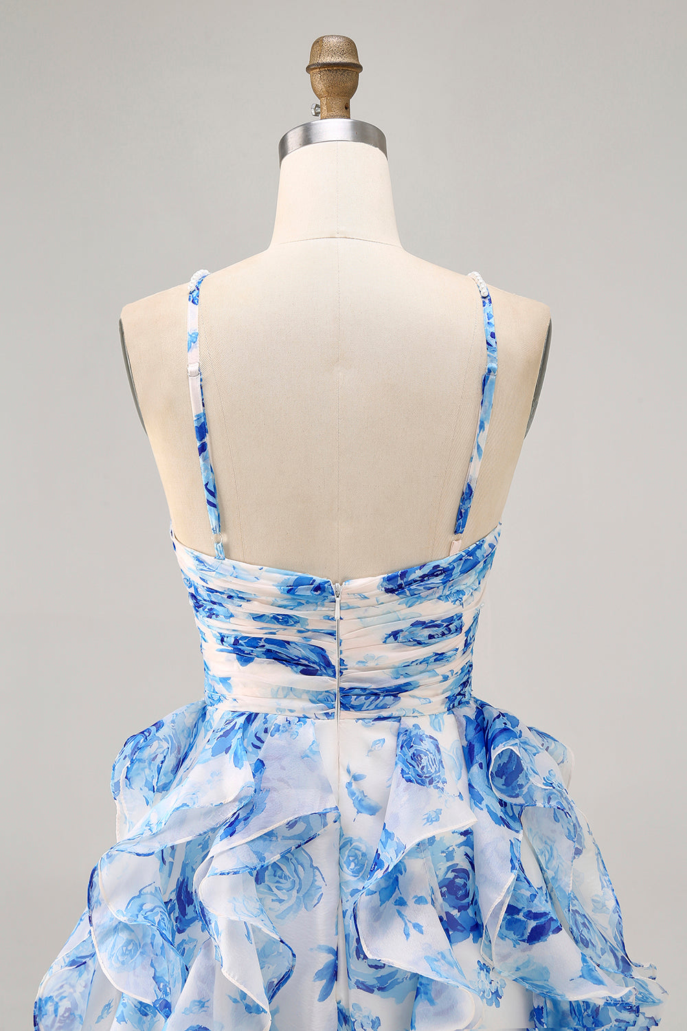 Sparkly White and Blue Floral Ruffled Ruched Short Homecoming Dress with Pearls
