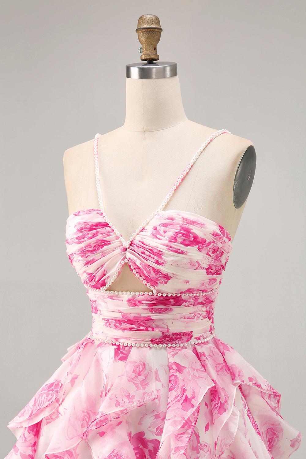Sparkly White and Fuchsia Ruffled Ruched Short Floral Homecoming Dress with Pearls