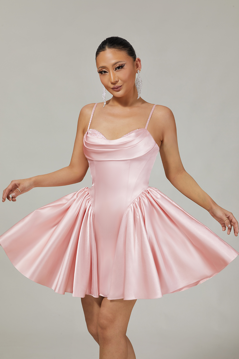 Sparkly Blush Satin A Line Ruched Short Homecoming Dress with Beading