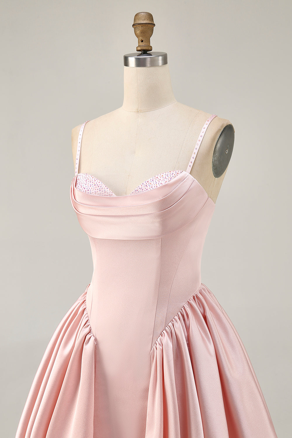 Sparkly Blush Satin A Line Ruched Short Homecoming Dress with Beading