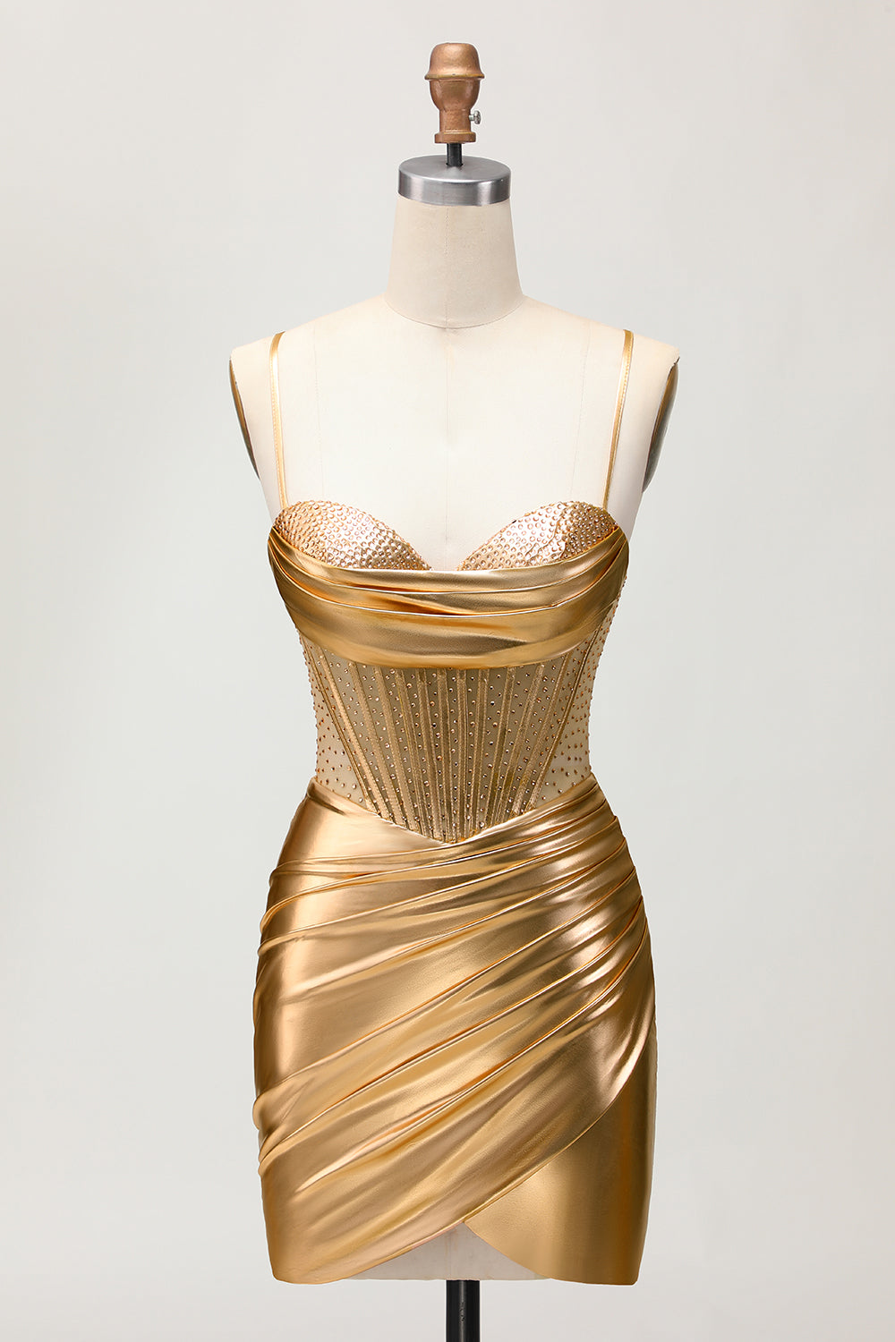 Sparkly Golden Corset Metallic Ruched Tight Short Homecoming Dress with Beading