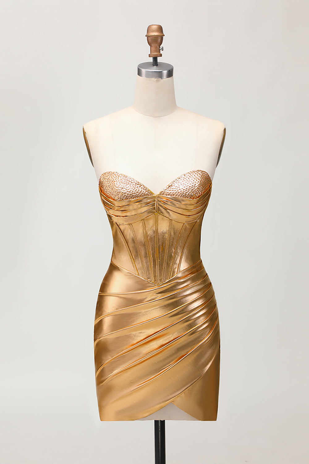 Sparkly Golden Ruched Metallic Tight Short Corset Homecoming Dress