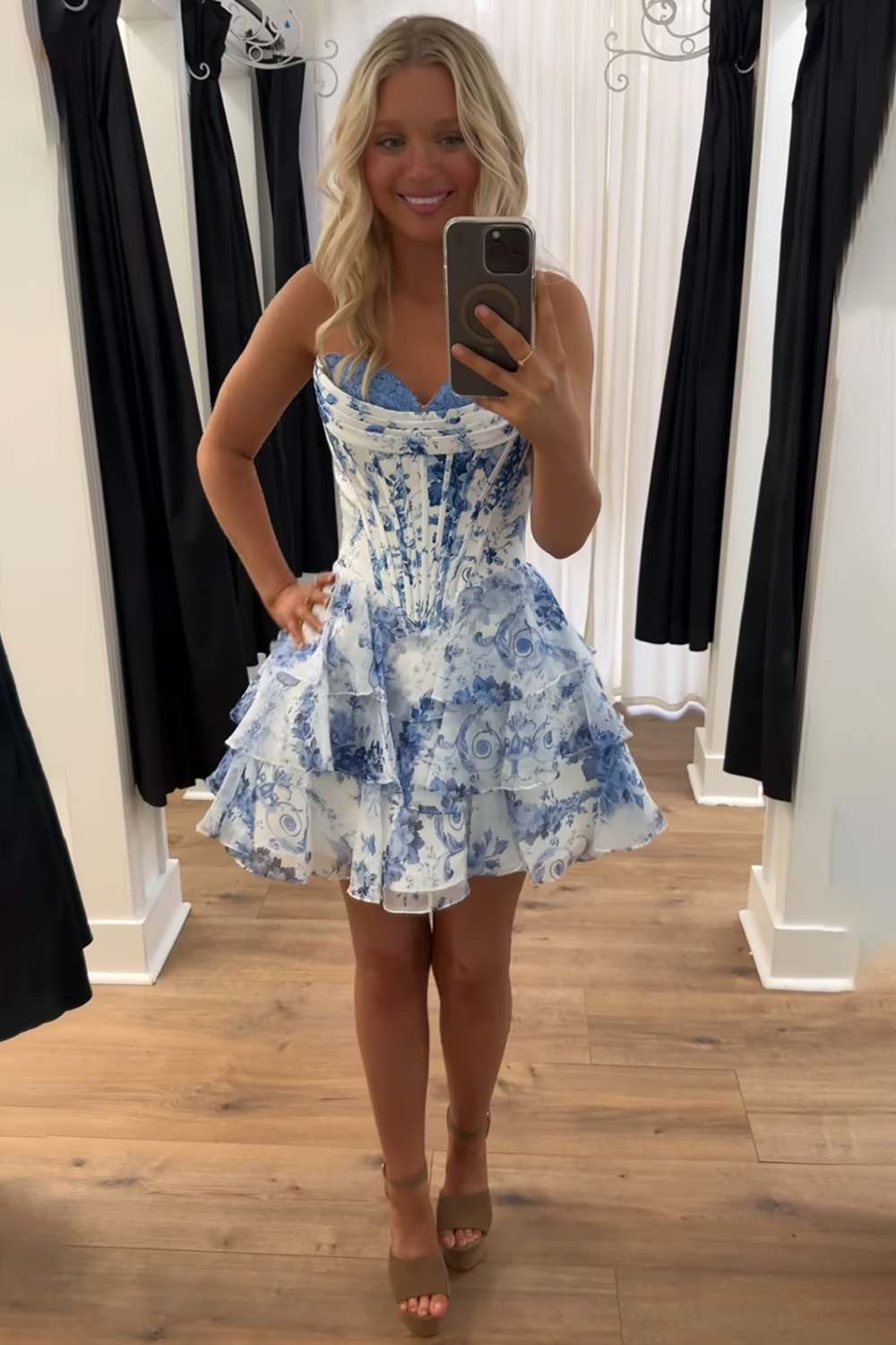 Homrain Women Blue Ruffled Short Corset Homecoming Dress with Sequin Tiered Ruched Strapless A Line Floral Hoco Dress