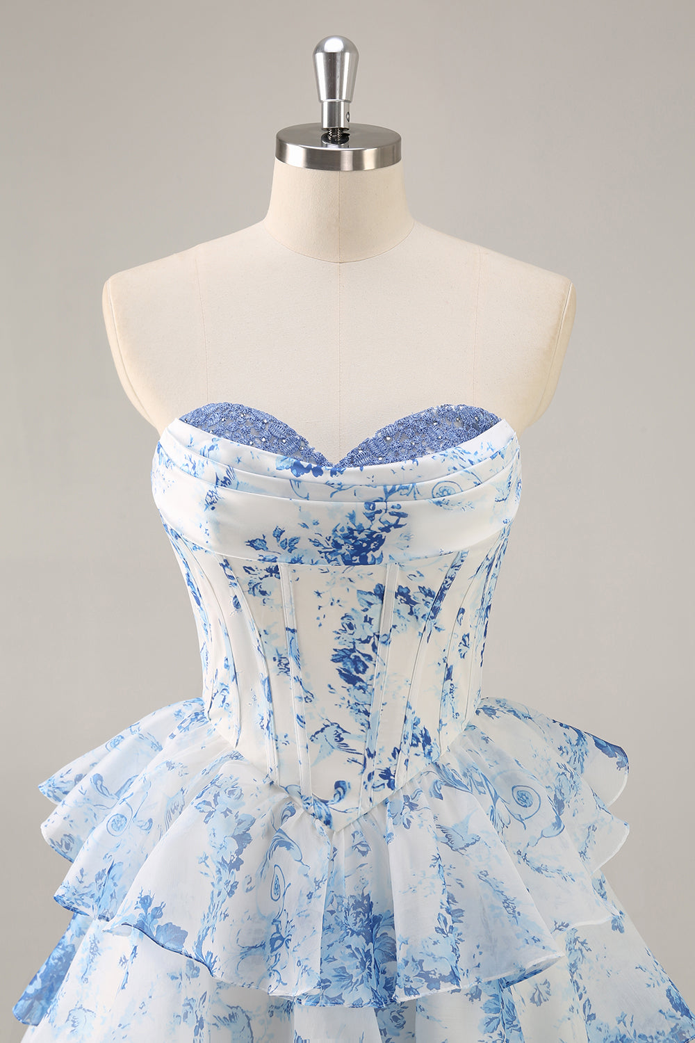 Sparkly White and Blue Floral Sweetheart Ruffled Corset Tiered Short Homecoming Dress