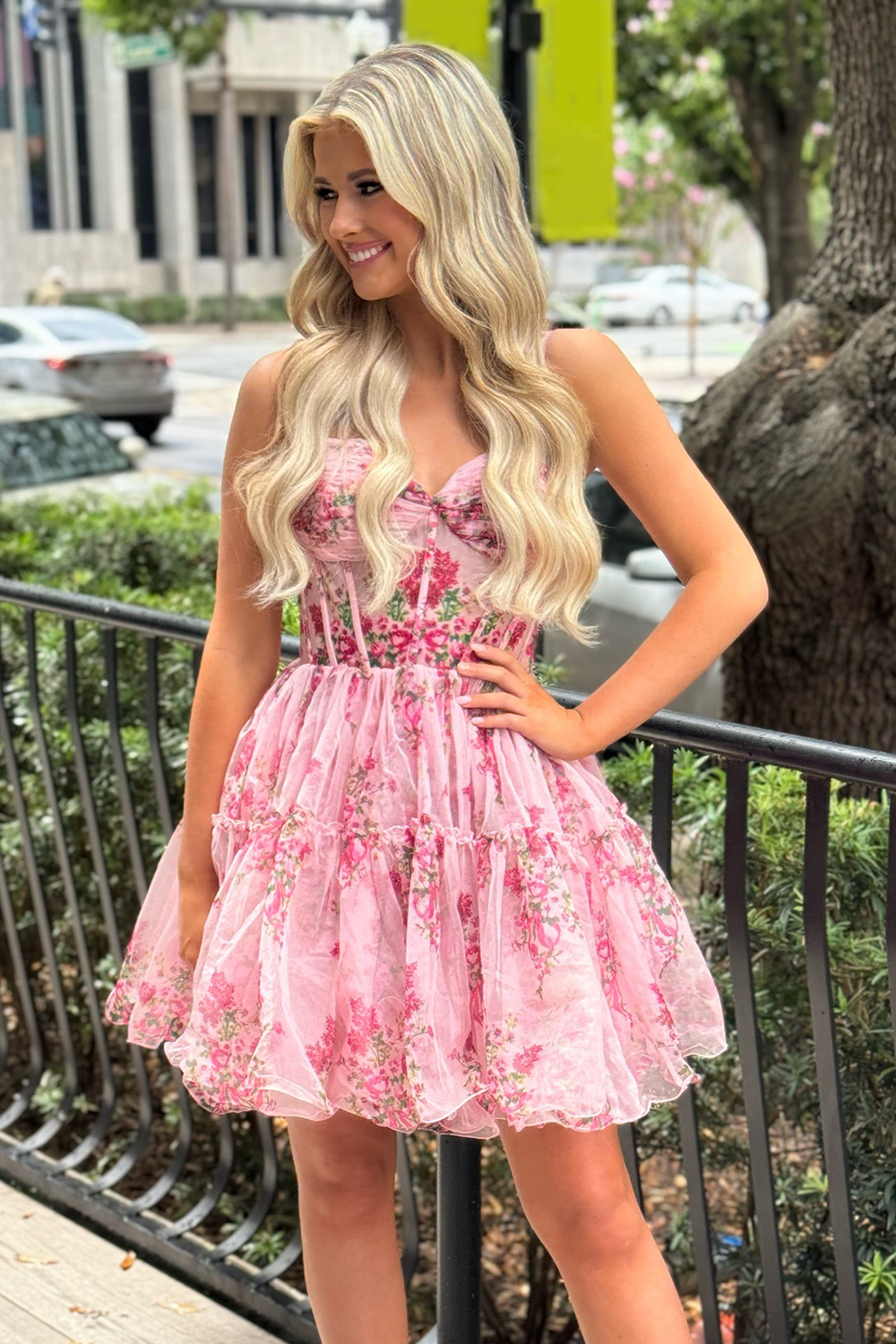 Pink Floral Corset A-Line Short Homecoming Dress with Ruffles