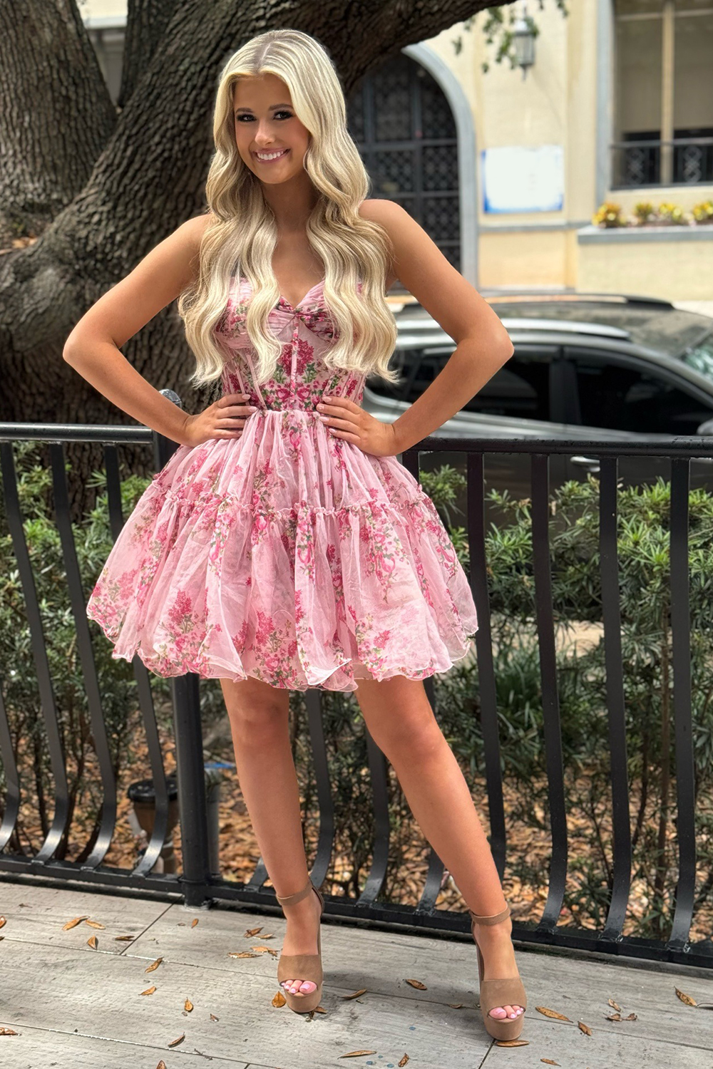 Pink Floral Corset A-Line Short Homecoming Dress with Ruffles