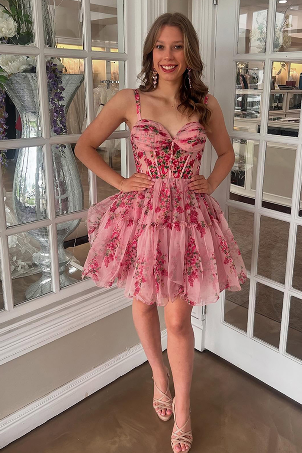 Pink Floral Ruffled Corset A-Line Short Homecoming Dress