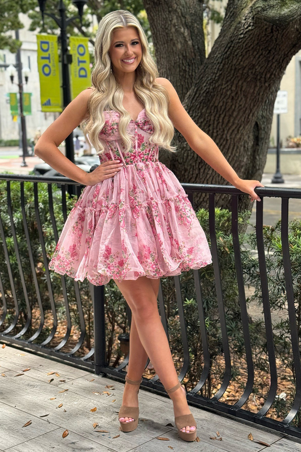 Pink Floral Corset A-Line Short Homecoming Dress with Ruffles