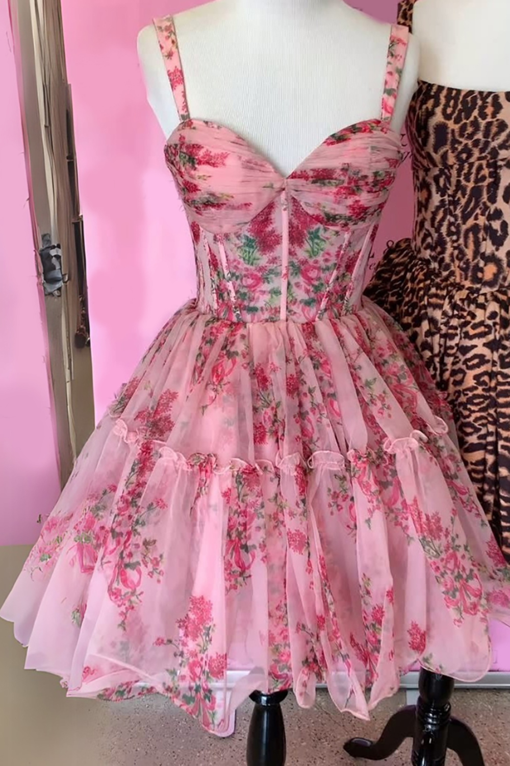 Pink Floral Corset A-Line Short Homecoming Dress with Ruffles