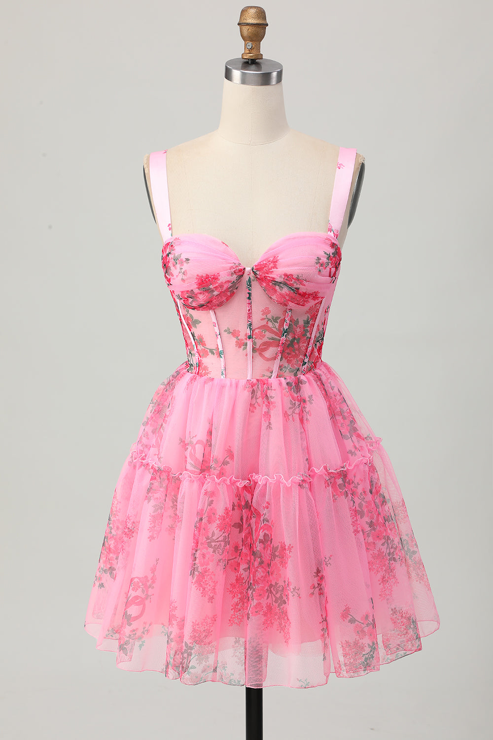 Pink Floral A Line Straps Short Corset Homecoming Dress with Ruffles