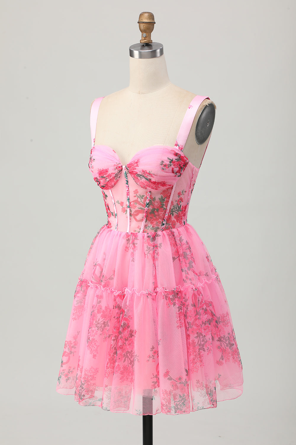 Pink Floral A Line Straps Short Corset Homecoming Dress with Ruffles