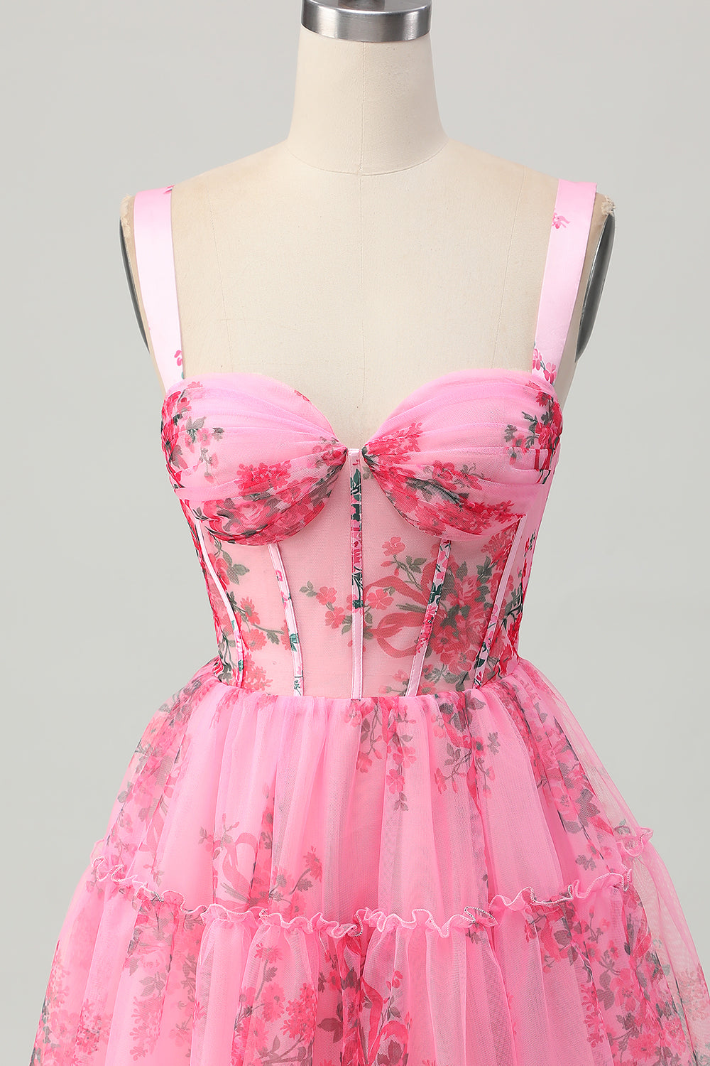 Pink Floral A Line Straps Short Corset Homecoming Dress with Ruffles