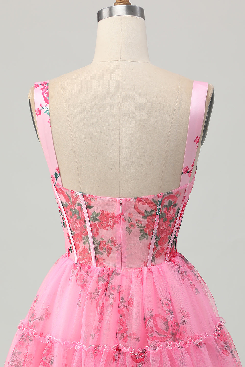 Pink Floral A Line Straps Short Corset Homecoming Dress with Ruffles