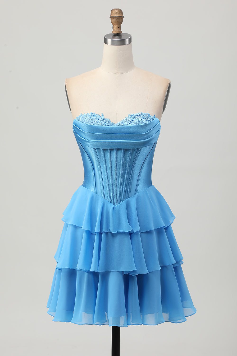 Blue Corset Ruched Sweetheart Short Homecoming Dress with Appliques