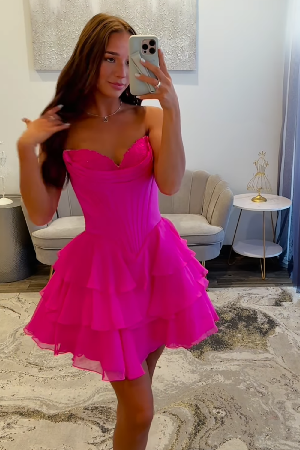 Fuchsia Corset A Line Short Homecoming Dress with Ruffles