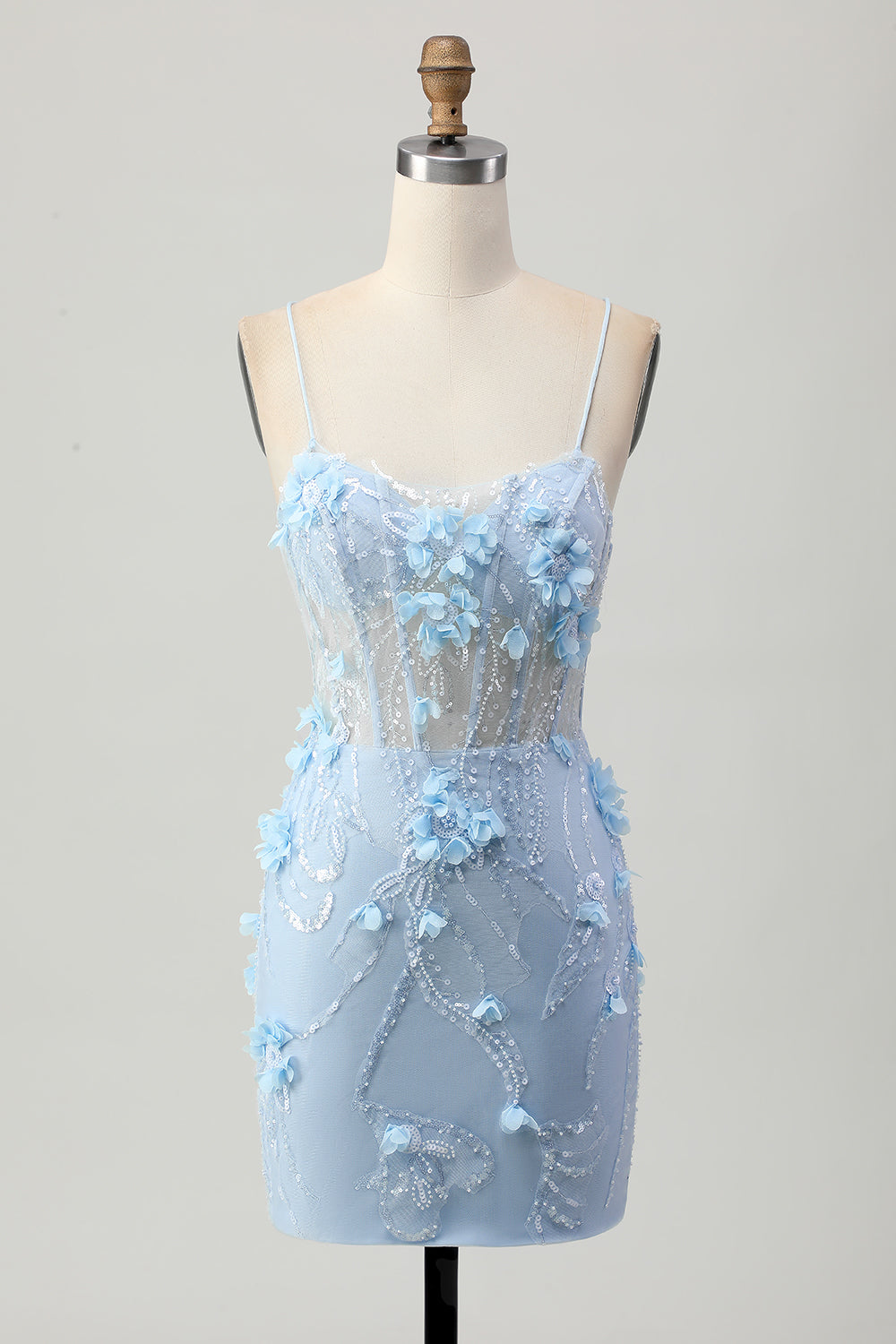 Sparkly Blue Tight Floral Short Corset Homecoming Dress with Sequins