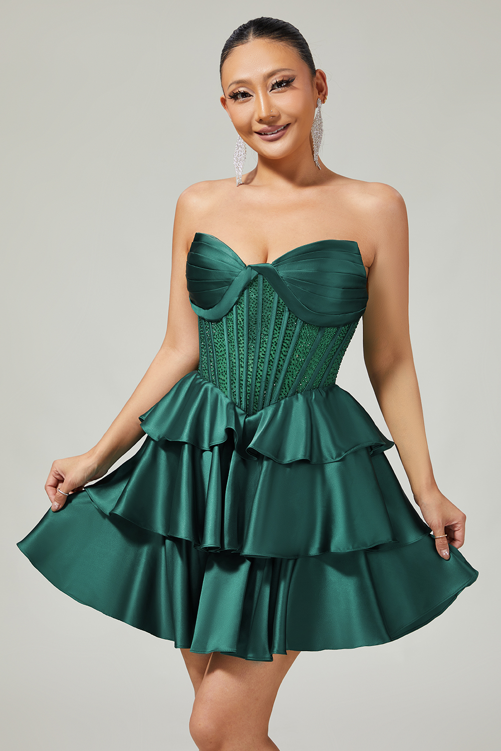 Sparkly Dark Green Beaded Strapless Short Corset Homecoming Dress