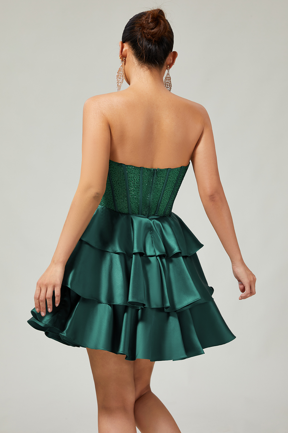 Sparkly Dark Green Beaded Strapless Short Corset Homecoming Dress