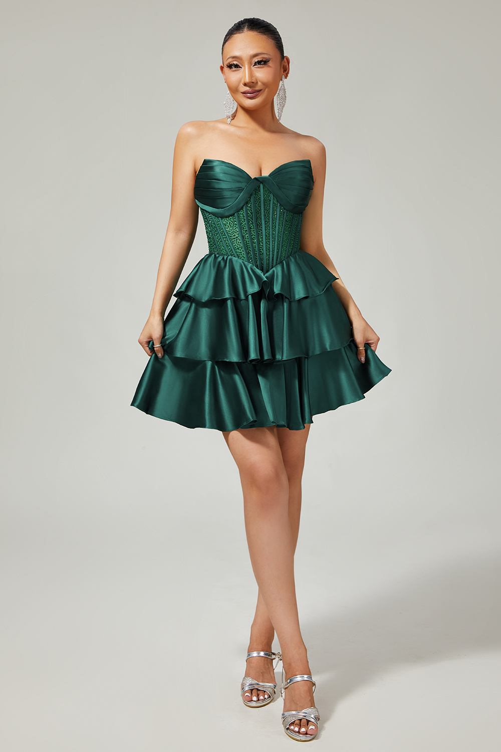 Sparkly Dark Green Beaded Strapless Short Corset Homecoming Dress