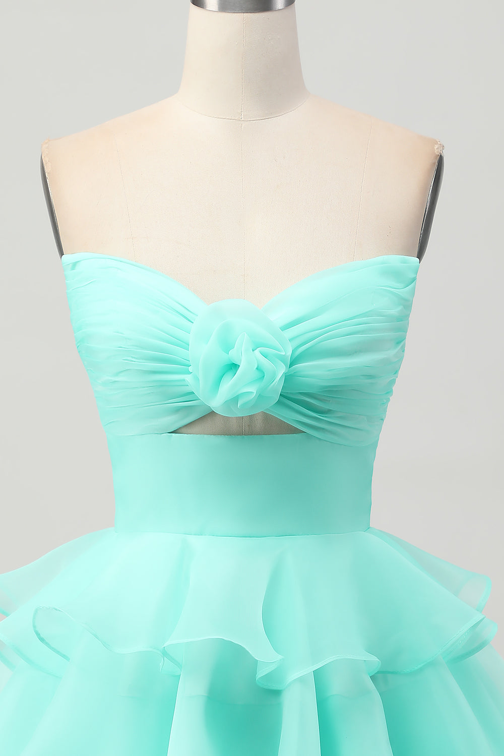 Green Floral Strapless Ruffled Ruched Short Homecoming Dress