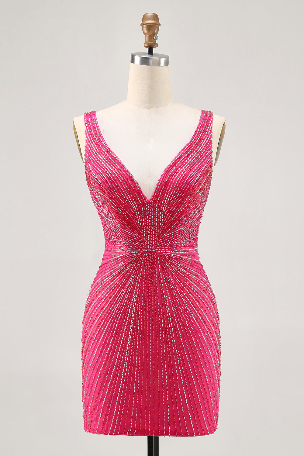 Sparkly Fuchsia V-Neck Short Tight Homecoming Dress with Beading