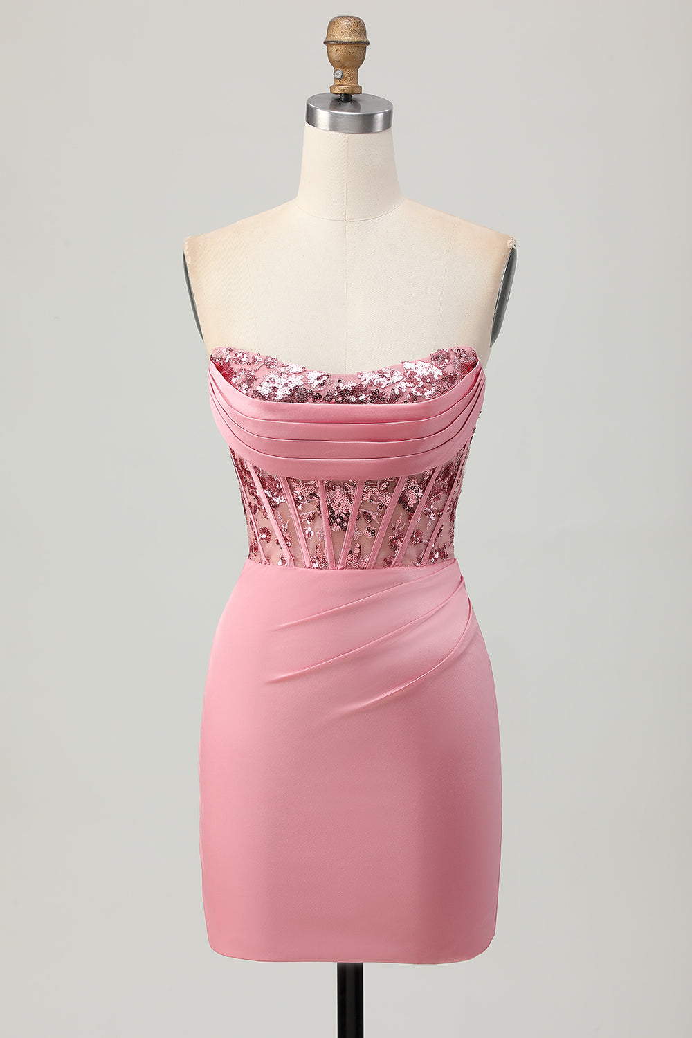 Sparkly Blush Tight Ruched Strapless Short Corset Homecoming Dress with Sequins