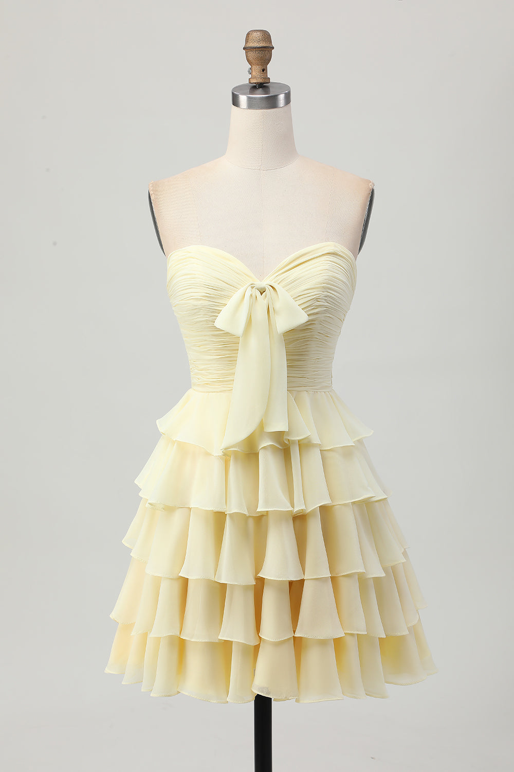 Light Yellow Sweetheart Tiered Ruched Ruffled Short Homecoming Dress with Bow
