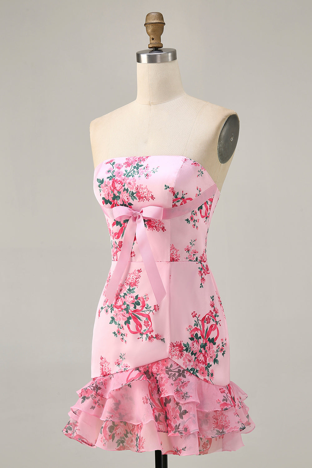 Pink Flower Strapless Short Tight Homecoming Dress with Bow