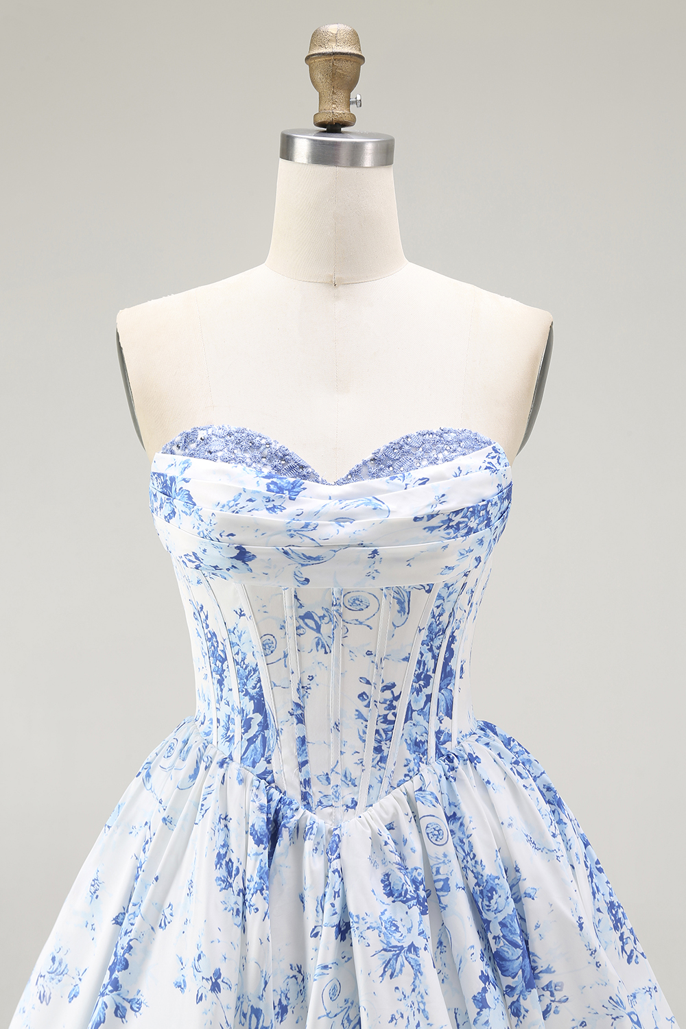 White Blue Floral Sweetheart Corset Short Homecoming Dress with Appliques