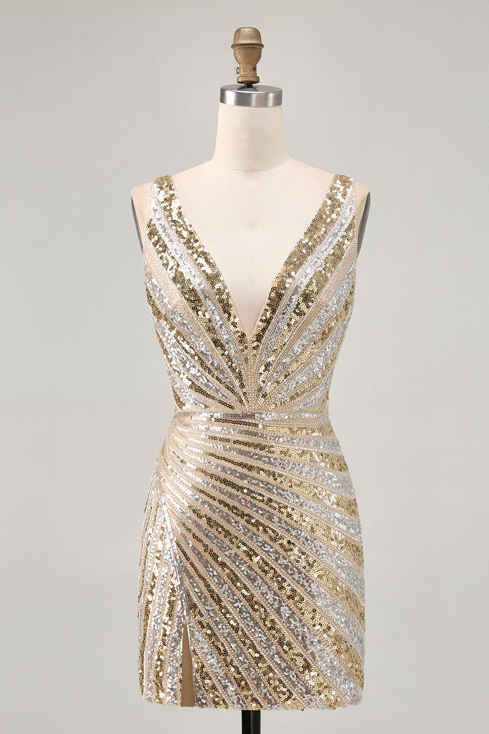 Sparkly Golden V-Neck Beaded Tight Short Homecoming Dress with Slit