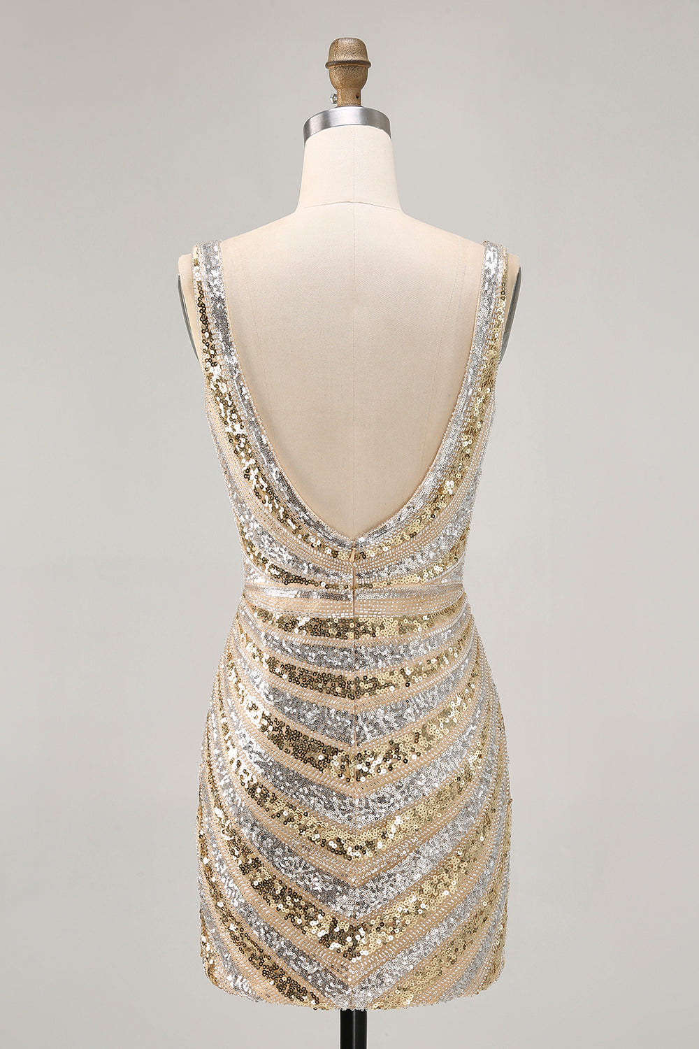 Sparkly Golden V-Neck Beaded Tight Short Homecoming Dress with Slit