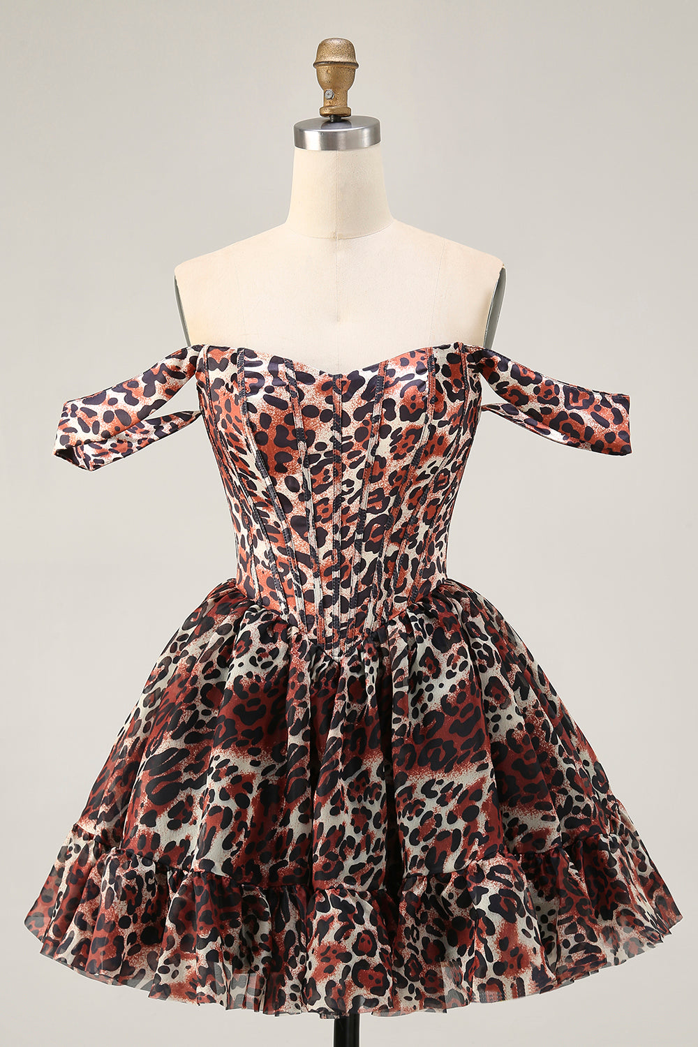 Khaki Cheetah Print Off the Shoulder Short Corset Homecoming Dress