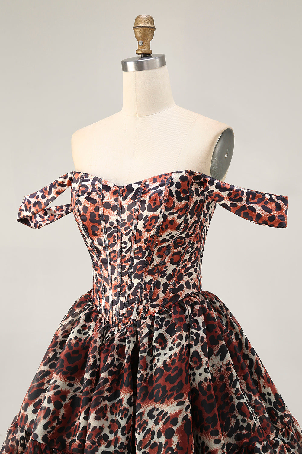 Khaki Cheetah Print Off the Shoulder Short Corset Homecoming Dress