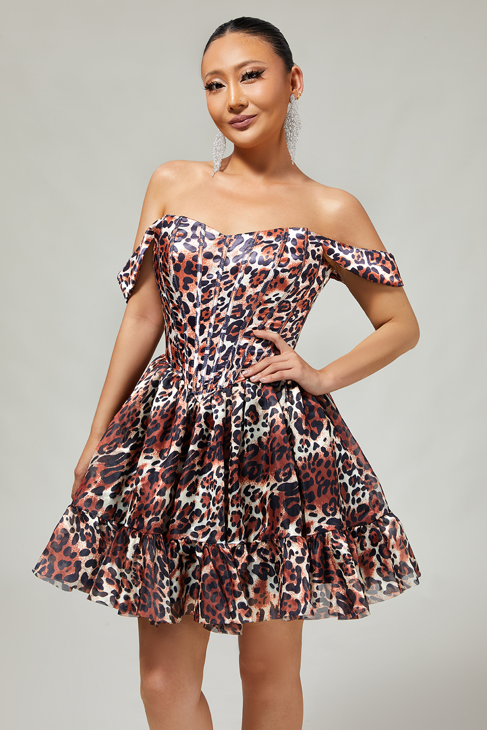 Khaki Cheetah Print Off the Shoulder Short Corset Homecoming Dress