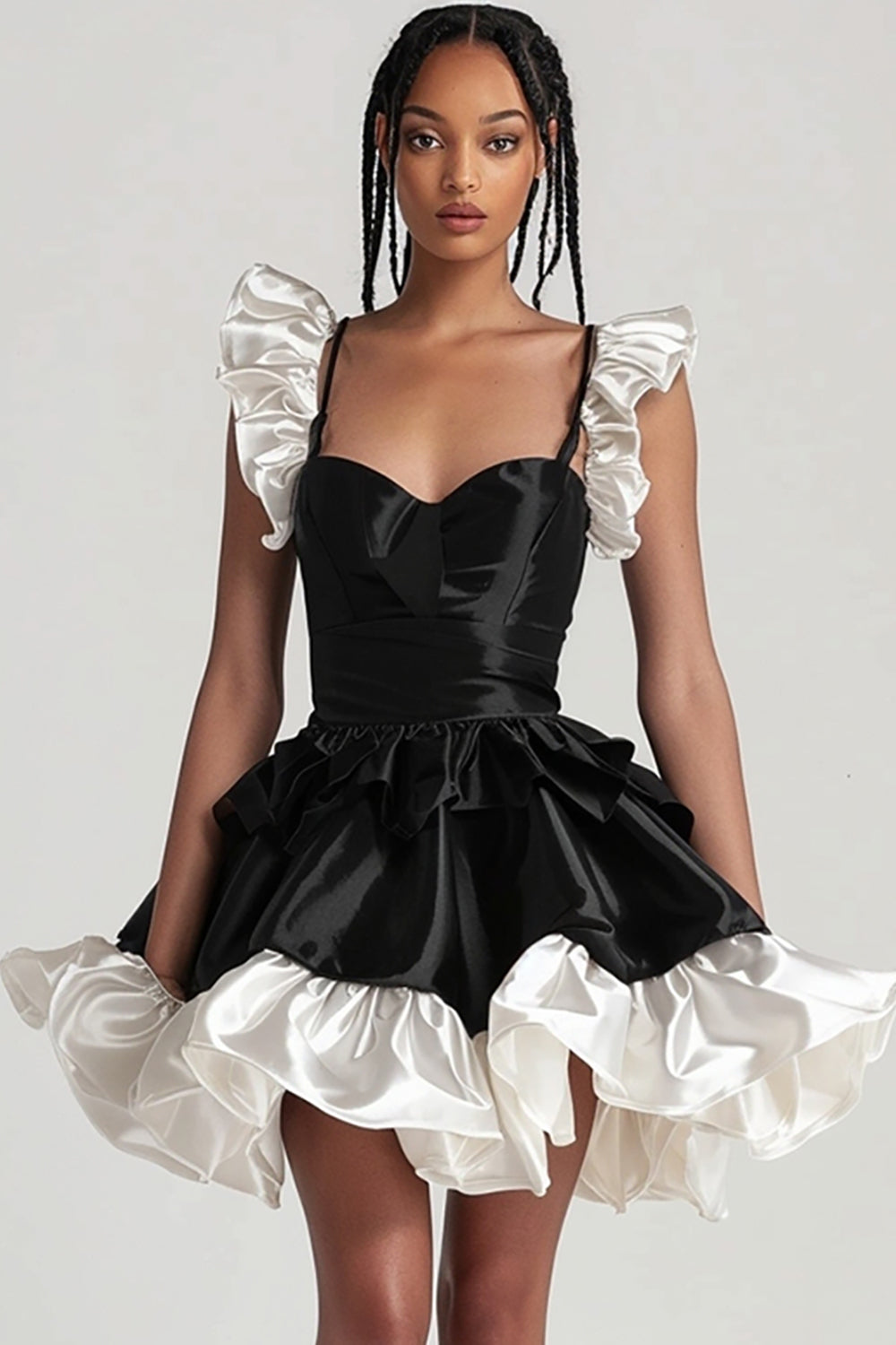 Black Tiered Satin A Line Short Cocktail Dress with Ruffles