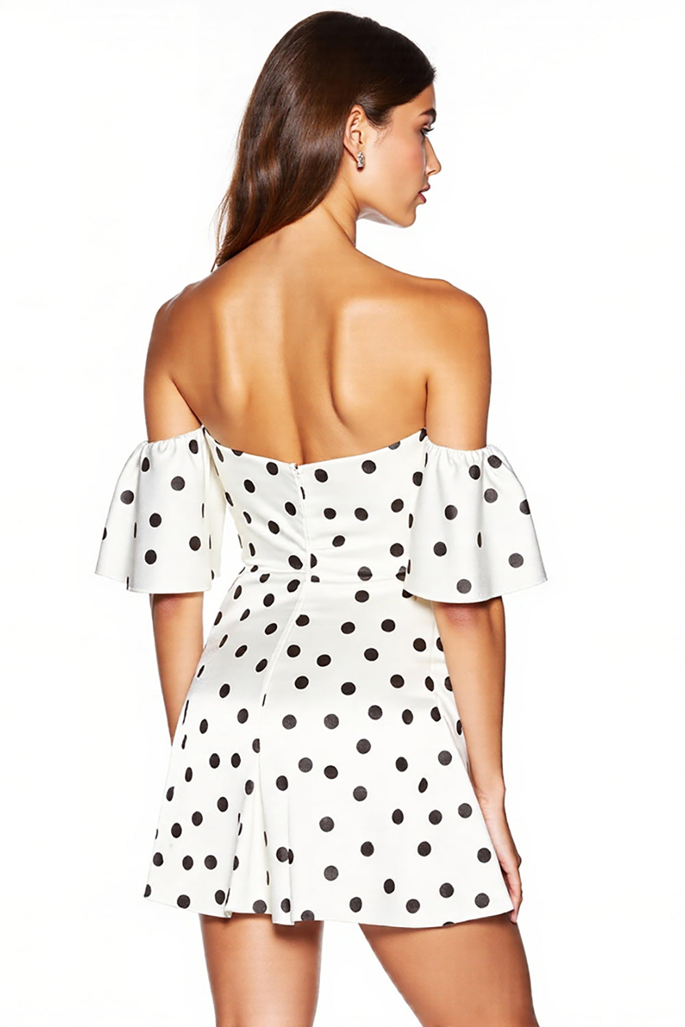 White and Black Off the Shoulder Ruffled Tight Short Polka Dot Dress with Slit