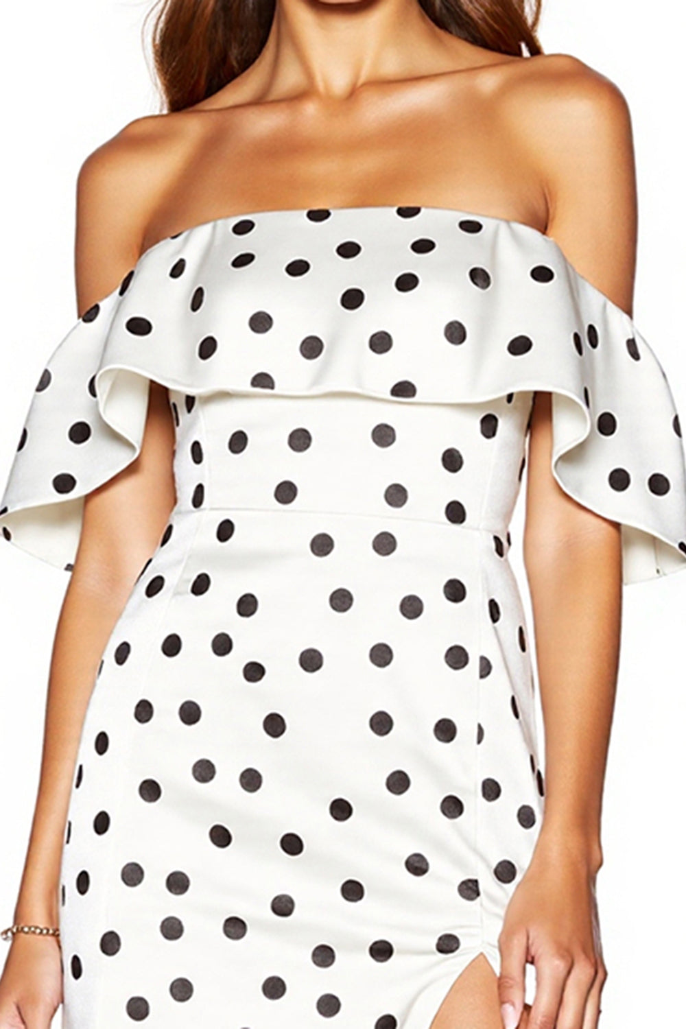 White and Black Off the Shoulder Ruffled Tight Short Polka Dot Dress with Slit