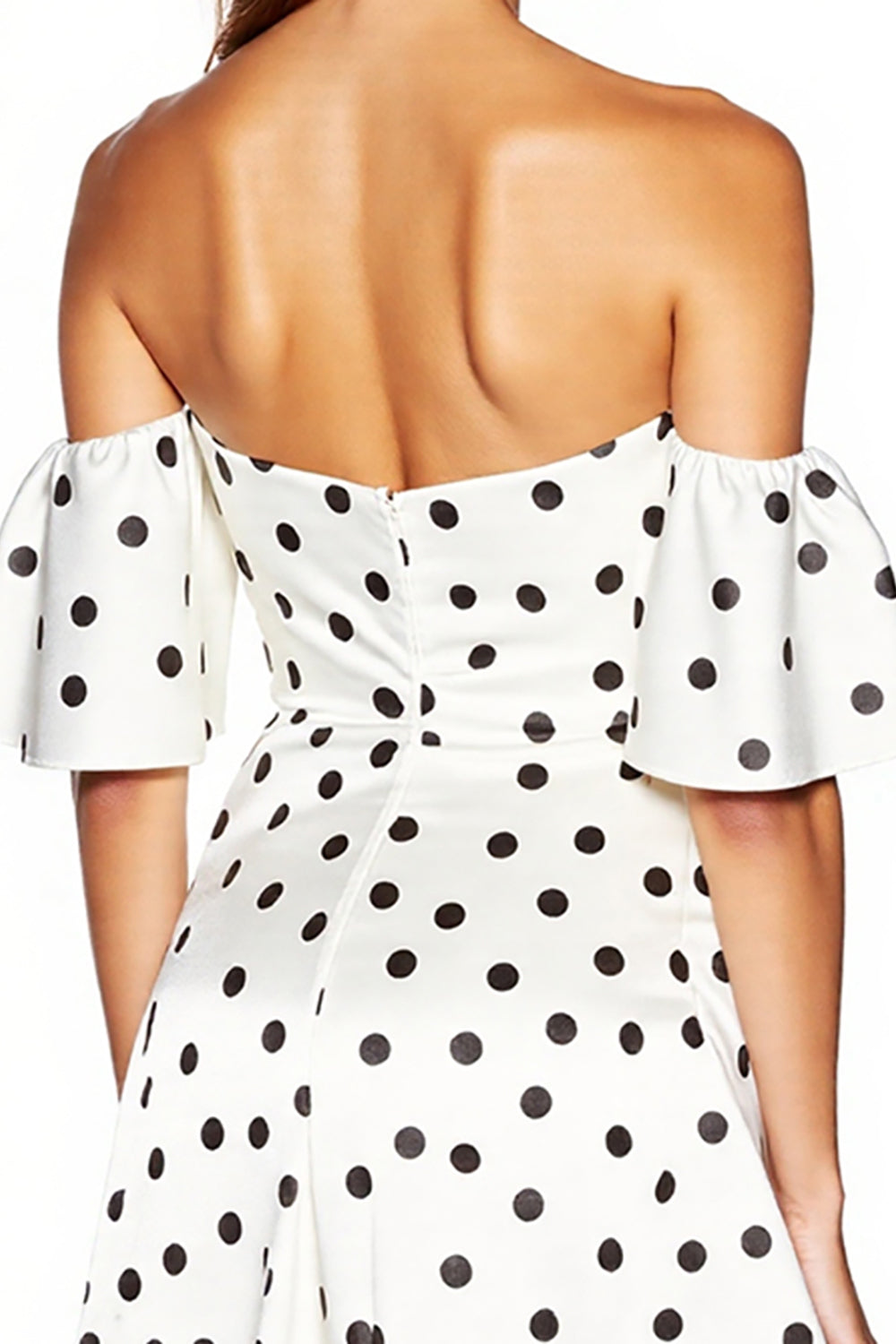 White and Black Off the Shoulder Ruffled Tight Short Polka Dot Dress with Slit