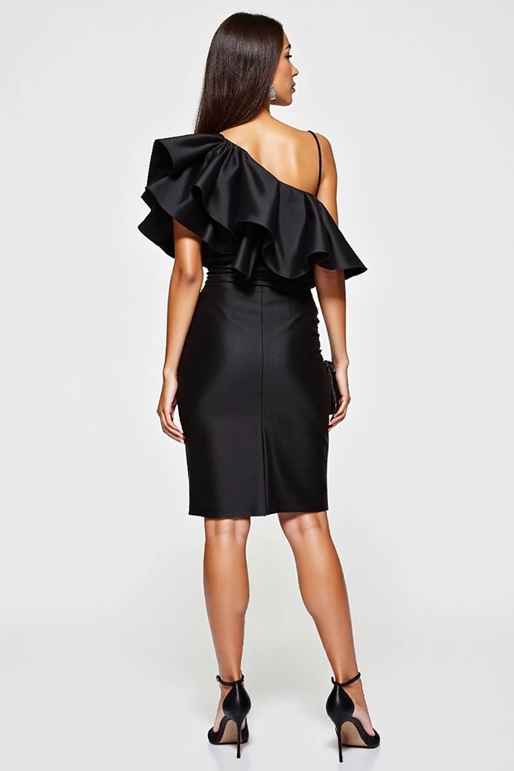 Black Tight Satin One Shoulder Short Cocktail Dress with Ruffles